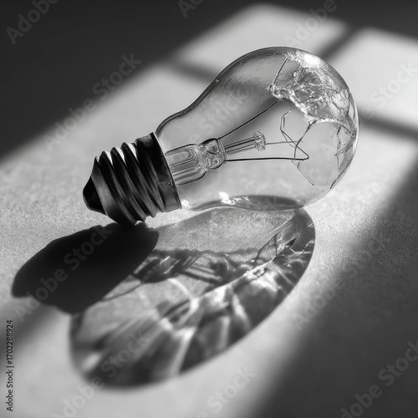 Fototapeta Monochromatic close up of a clear incandescent light bulb casting a dramatic shadow on a textured surface