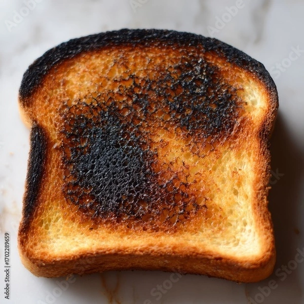 Fototapeta Close up overhead view of a single slice of burnt toast with dark charred areas and golden brown edges