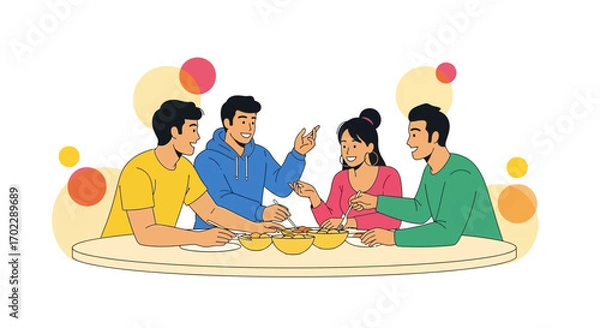 Fototapeta Illustration of a diverse group of friends enjoying a meal together, discussing excitedly