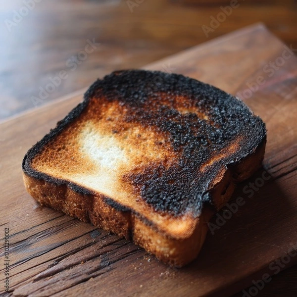Fototapeta A single slice of burnt toast with dark charred edges sits on a rustic wooden cutting board