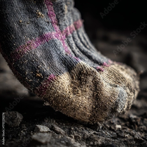 Fototapeta Close up of a dirty wool sock covered in mud and dirt on a dark background