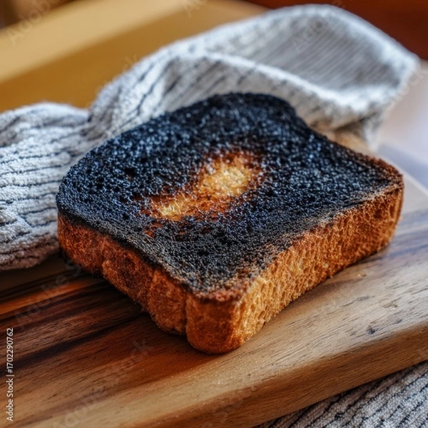 Fototapeta A single slice of burnt toast with a dark charred crust sits on a wooden cutting board with a cloth napkin