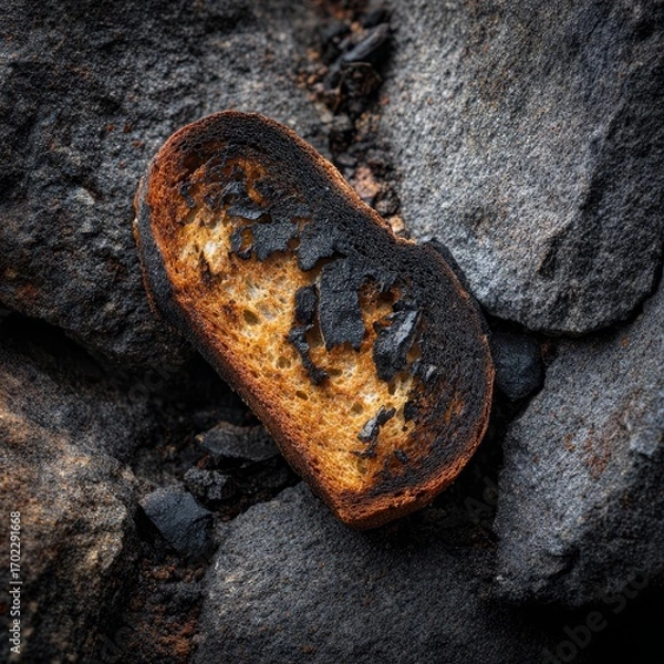 Fototapeta Close up of a burnt piece of bread resting on dark grey rocks and charcoal
