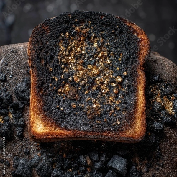 Fototapeta Close up macro shot of a single slice of burnt toast with a dark charred surface and crispy edges
