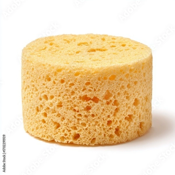 Fototapeta Close up of a round yellow sponge with a textured porous surface on a white background