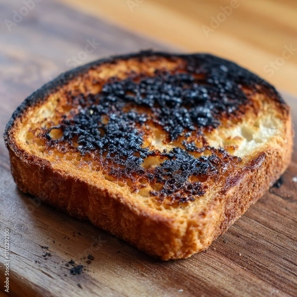 Fototapeta Close up of a single slice of burnt toast with dark charred areas on a wooden cutting board
