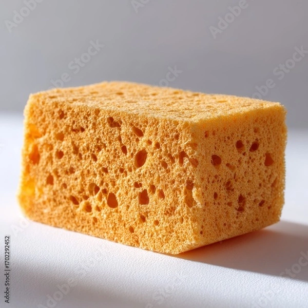 Fototapeta Close up of a textured orange cleaning sponge with porous surface on a light gray background