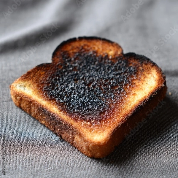 Fototapeta A single slice of burnt toast with a dark black charred surface on a textured gray background