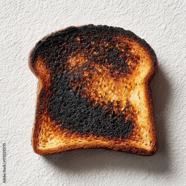 Fototapeta A single slice of burnt toast with dark charred areas against a light textured background