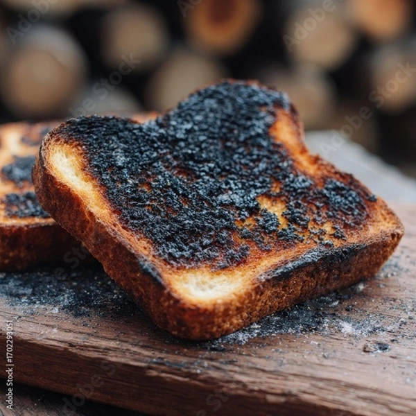 Fototapeta Close up of burnt toast with black sesame seeds sprinkled on top a culinary mistake