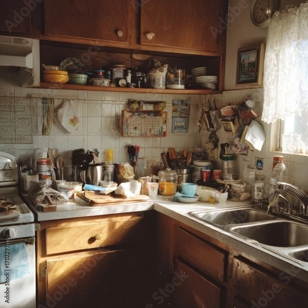 Fototapeta Cluttered and messy kitchen counter with dishes food items and appliances in natural light