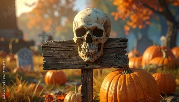 Fototapeta A detailed image of a skull atop a rustic wooden sign, amidst a pumpkin patch & cemetery in autumn