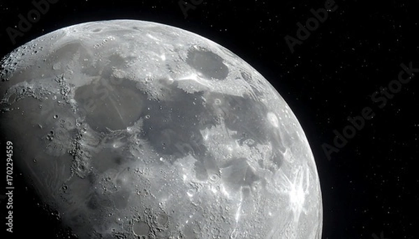 Fototapeta A detailed image of the moon's surface, cratered and illuminated, set against a black backdrop with tiny stars