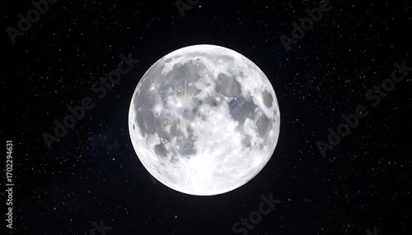 Fototapeta A detailed image showcases a full, bright, and textured lunar surface against a dark starry background, evoking space