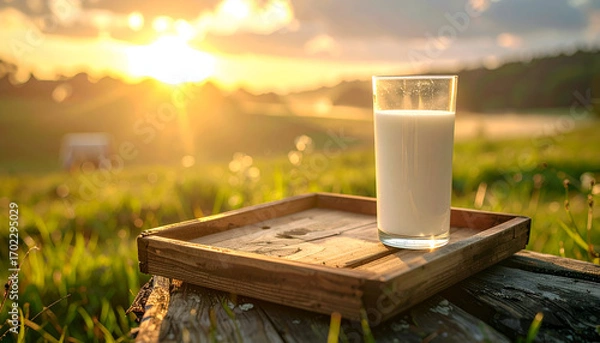 Fototapeta Glass of Milk on Wooden Tray at Sunset