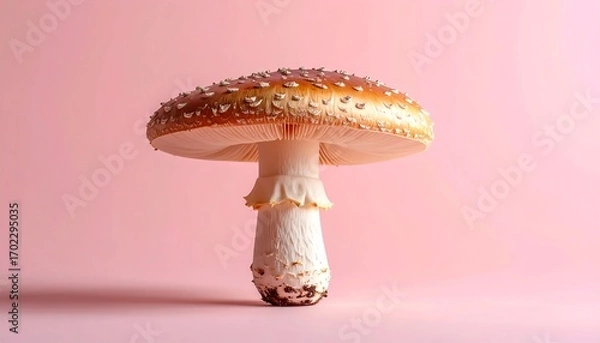 Fototapeta A detailed macro shot of a single mushroom with a speckled cap and white stem set against a simple, pink backdrop