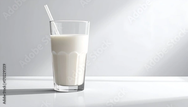Fototapeta Glass of Milk with Straw in Bright Sunlight