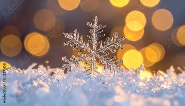 Fototapeta A detailed macro shot reveals a pristine, crystalline snowflake resting on a bed of icy snow, with soft, blurred lights in the background