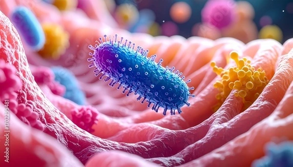 Fototapeta A detailed microscopic view of colorful, spherical and rod-shaped microorganisms amidst soft, pink internal tissue
