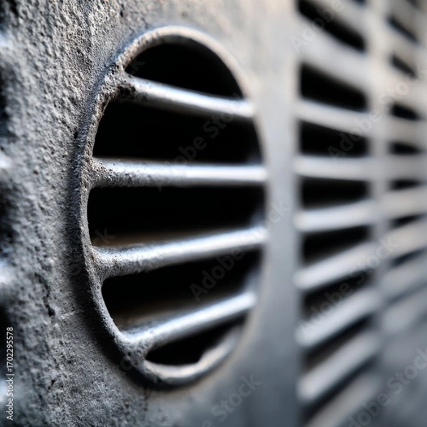 Fototapeta Close up of a textured metal surface with a circular vent and horizontal grate detail