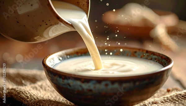 Fototapeta Pouring Milk into Bowl, Creamy Texture, Rustic Setting