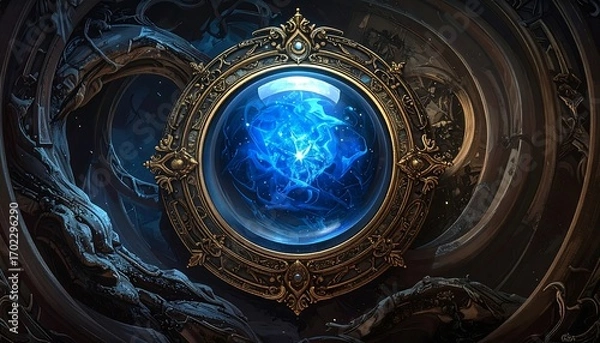 Fototapeta A detailed, ornate, glowing blue energy orb set in a gold and detailed frame on a textured background