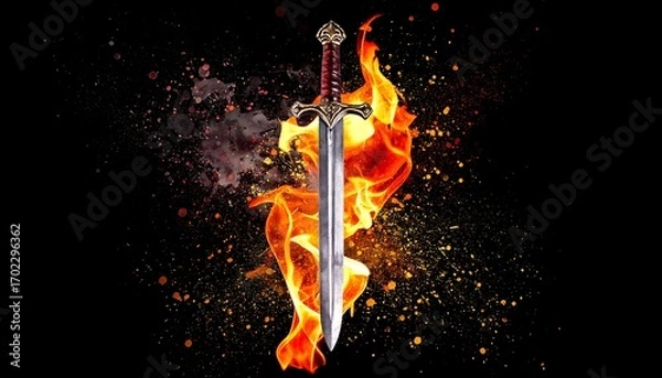 Fototapeta A detailed, ornate sword piercing flames, with embers and smoke against a deep black backdrop