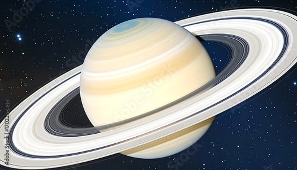 Fototapeta A detailed planetary image showcasing a gas giant with prominent rings and a star-speckled background. Bright banded atmosphere