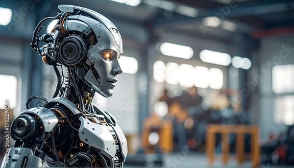 Fototapeta A detailed portrait of a female-like android with metallic skin and glowing eyes set in a factory or industrial setting