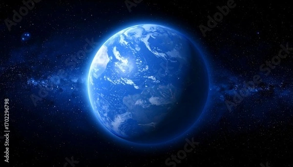 Fototapeta A detailed rendering of an alien world, vibrant blues dominate the globe's surface with swirling clouds and visible landmasses against a starry cosmos