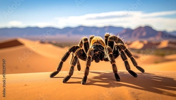 Fototapeta A detailed shot of a large arachnid on desert sand dunes with distant mountains under a bright, blue sky