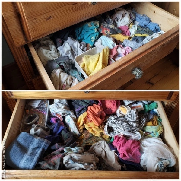 Fototapeta Messy wooden dresser drawer overflowing with colorful folded clothes and fabrics
