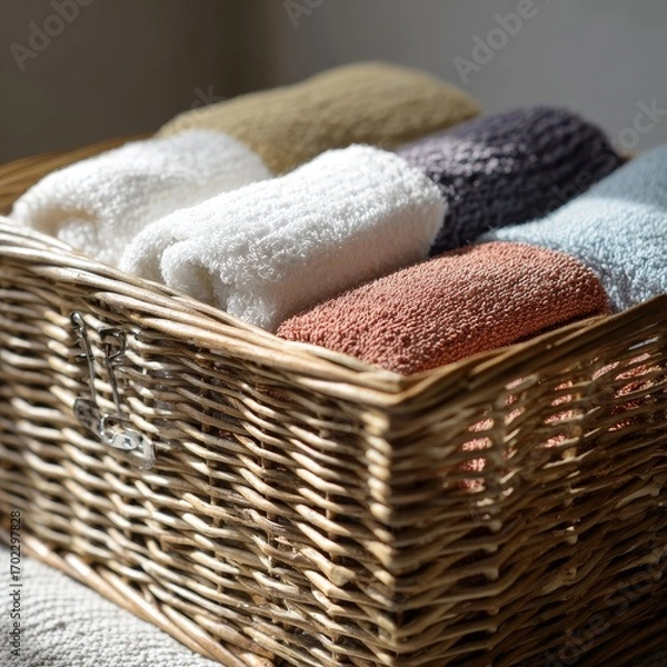 Fototapeta Soft rolled towels in a wicker basket with natural light and cozy texture