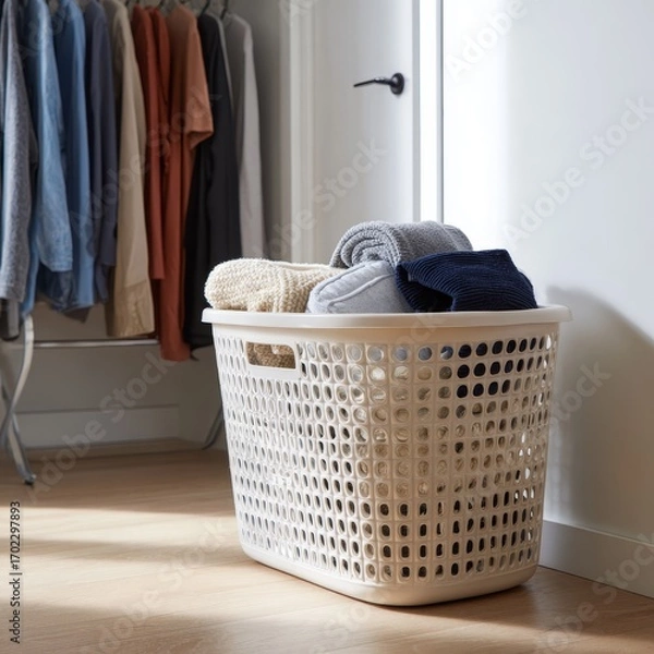 Fototapeta Laundry basket filled with clean folded clothes in a closet with hanging garments