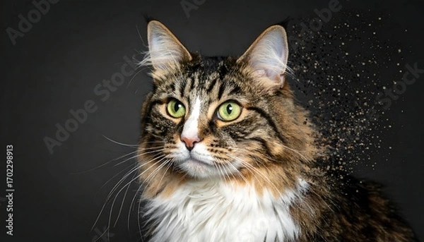 Fototapeta A detailed portrait of a cat with a digitally-eroded side, blending realism with a fantastical disintegration effect, against a dark backdrop