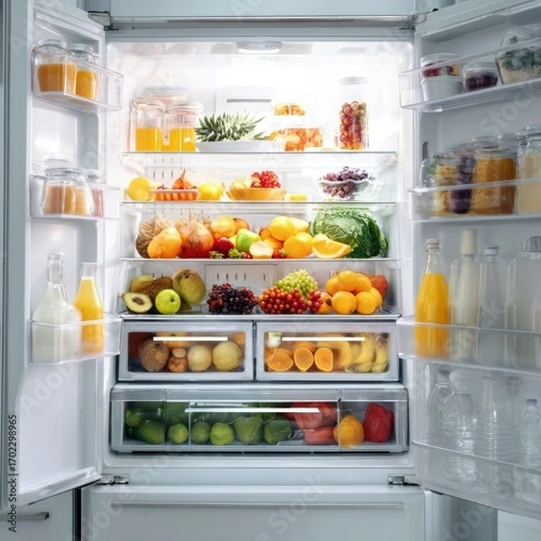 Fototapeta Open refrigerator filled with fresh colorful fruits vegetables and drinks illuminated by bright interior light