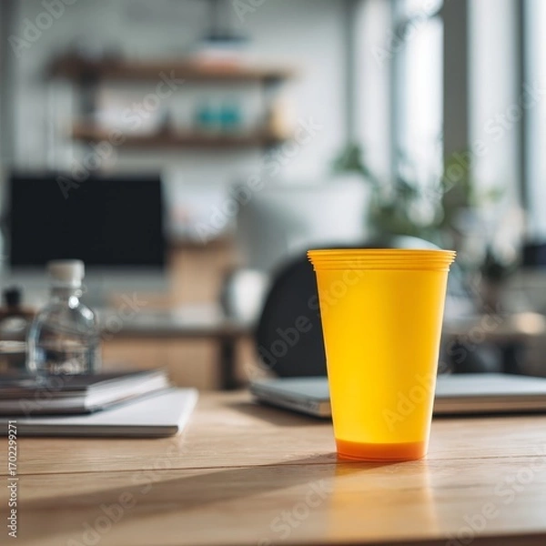 Fototapeta Bright yellow plastic cup sits on a wooden desk in a home office setting with blurred background