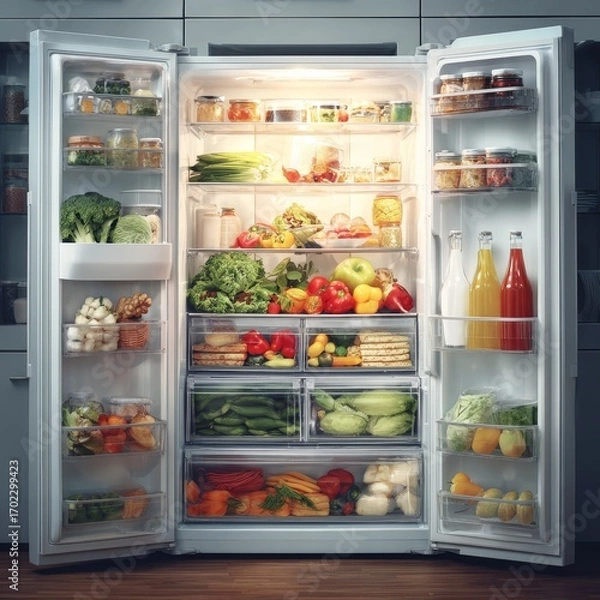 Fototapeta Brightly lit open refrigerator filled with fresh colorful fruits vegetables and drinks ready for healthy eating