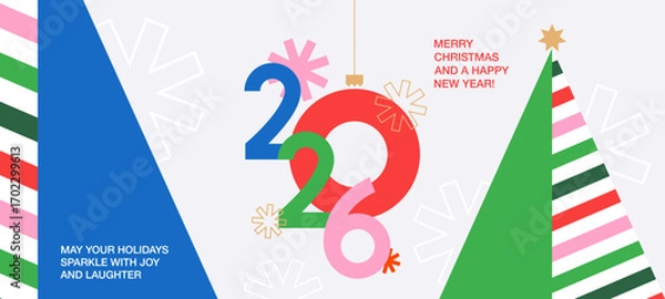 Fototapeta Merry Christmas and Happy New Year greeting card, poster, holiday cover, background template in modern geometric style with number 2026 design, snowflakes, Christmas tree for web, social media, print