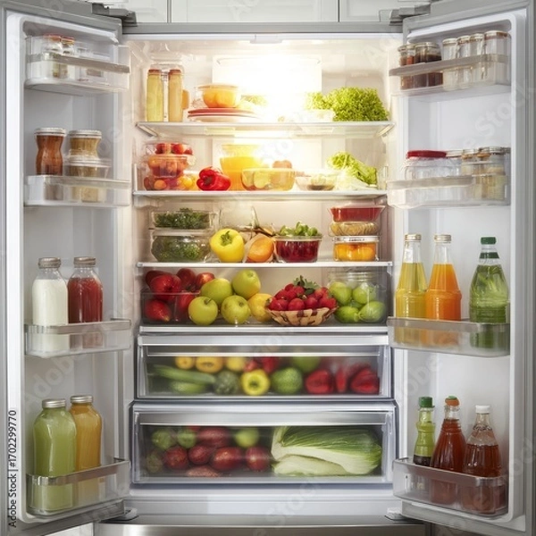 Fototapeta A well stocked refrigerator filled with fresh fruits vegetables dairy and drinks organized for easy access