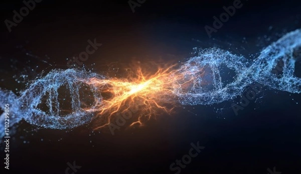 Fototapeta DNA strands clashing in a vibrant energy burst