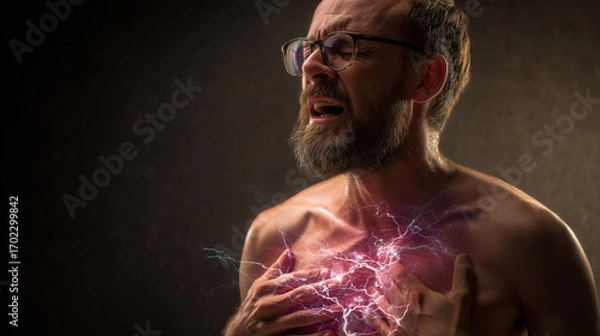 Fototapeta Man with glasses and beard experiencing chest pain with lightning effect emanating from his chest area