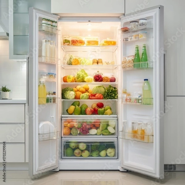 Fototapeta Brightly lit open refrigerator filled with fresh fruits vegetables and drinks in a modern kitchen