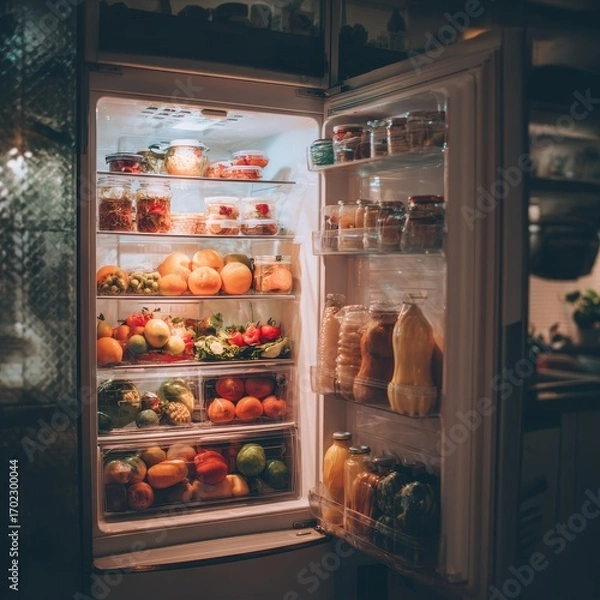 Fototapeta Fully stocked refrigerator glowing with fresh produce and drinks illuminated at night