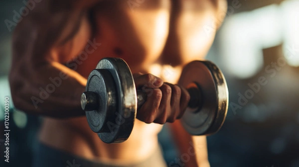 Fototapeta A muscular man lifting a dumbbell with his right hand in a gym setting, focusing on the weightlifting
