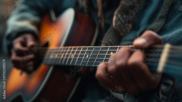 Fototapeta A close up shot of a person playing an acoustic guitar with their fingers on the fretboard strumming