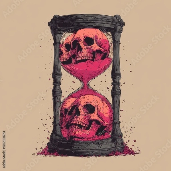 Fototapeta Macabre hourglass filled with skulls and sand symbolizing the passage of time and mortality