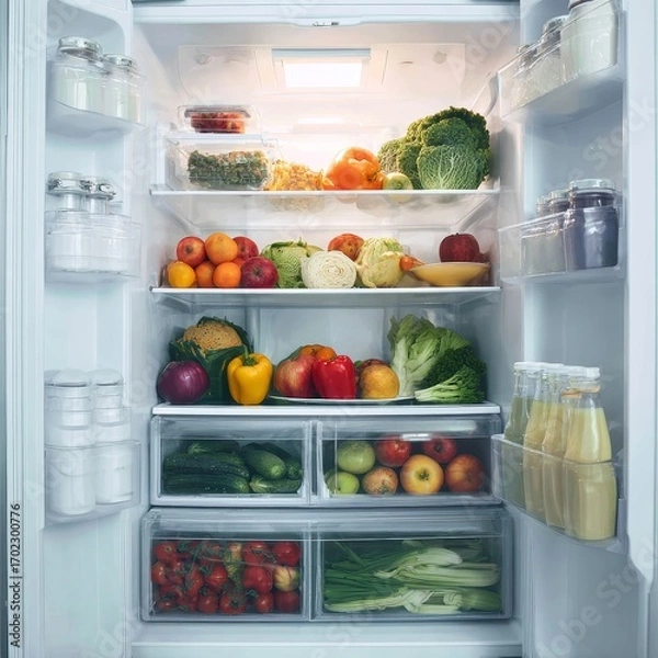 Fototapeta Open refrigerator filled with fresh colorful organic fruits and vegetables organized on shelves and in drawers
