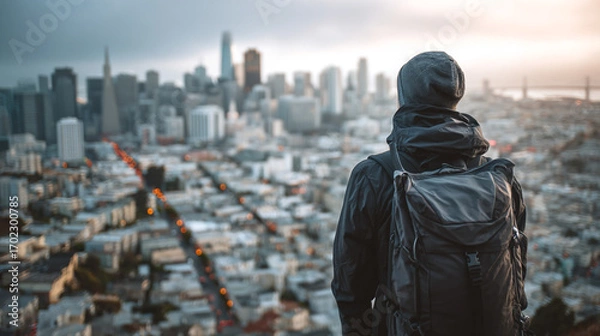 Fototapeta Person with backpack overlooking cityscape with skyscrapers and bridge in the distance view