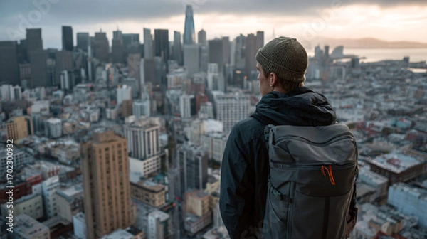 Fototapeta Man with backpack overlooking san francisco cityscape with skyscrapers and overcast sky in background